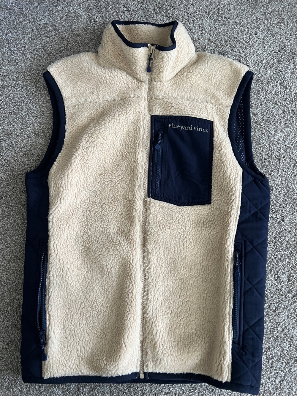 Vineyard Vines Cream Sherpa Vest with Navy Trim & Chest Pocket